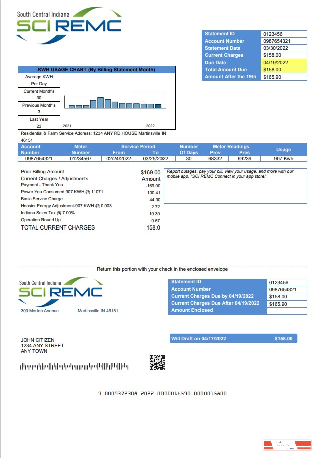 USA Indiana SCI REMC utility bill template in Word and PDF format